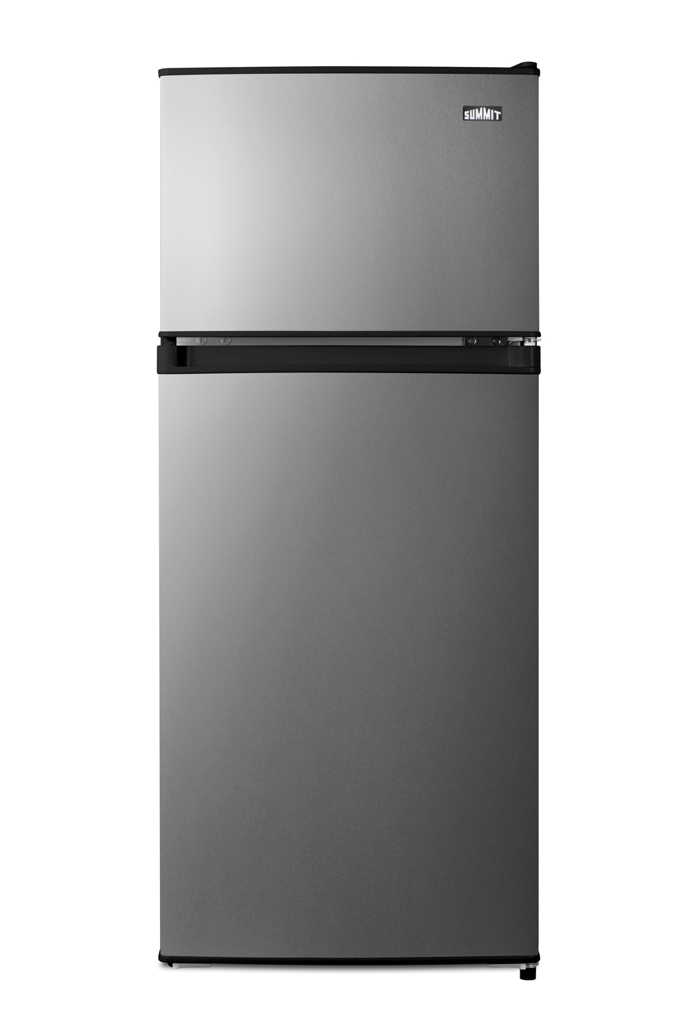 Two-door ENERGY STAR certified refrigerator-freezer in an ADA compliant height with user-reversible fingerprint-free stainless steel look doors, manual defrost, and dial thermostat